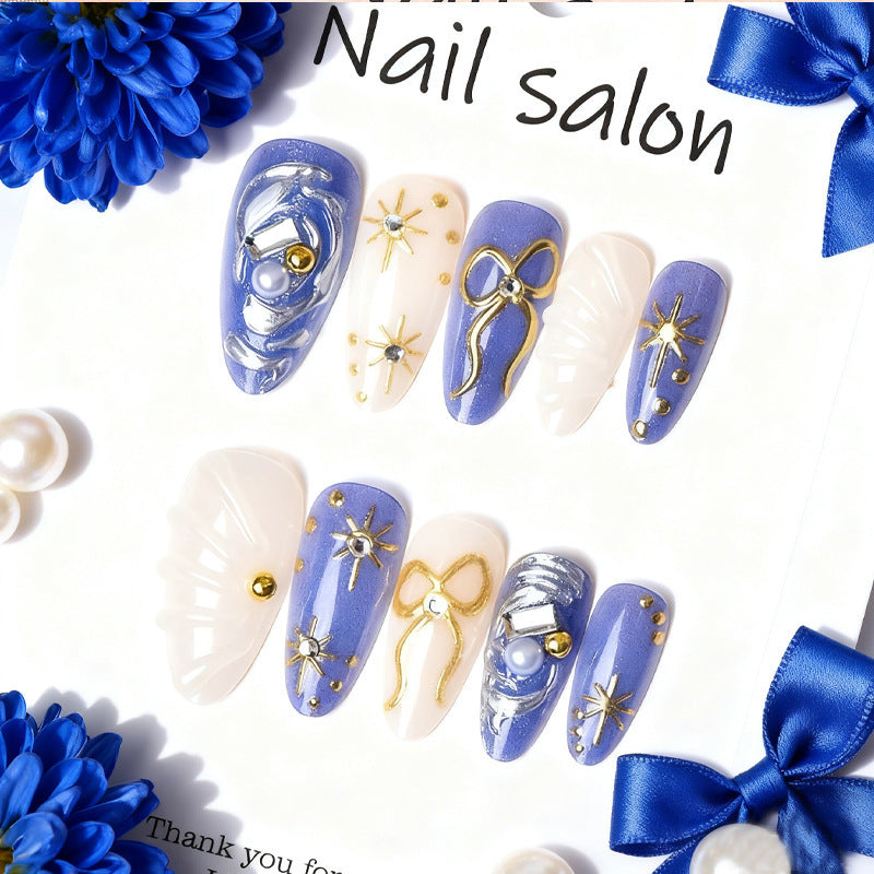 Artistic Press-On Nail Art Set with Gold and Pearl Accents Stornfield