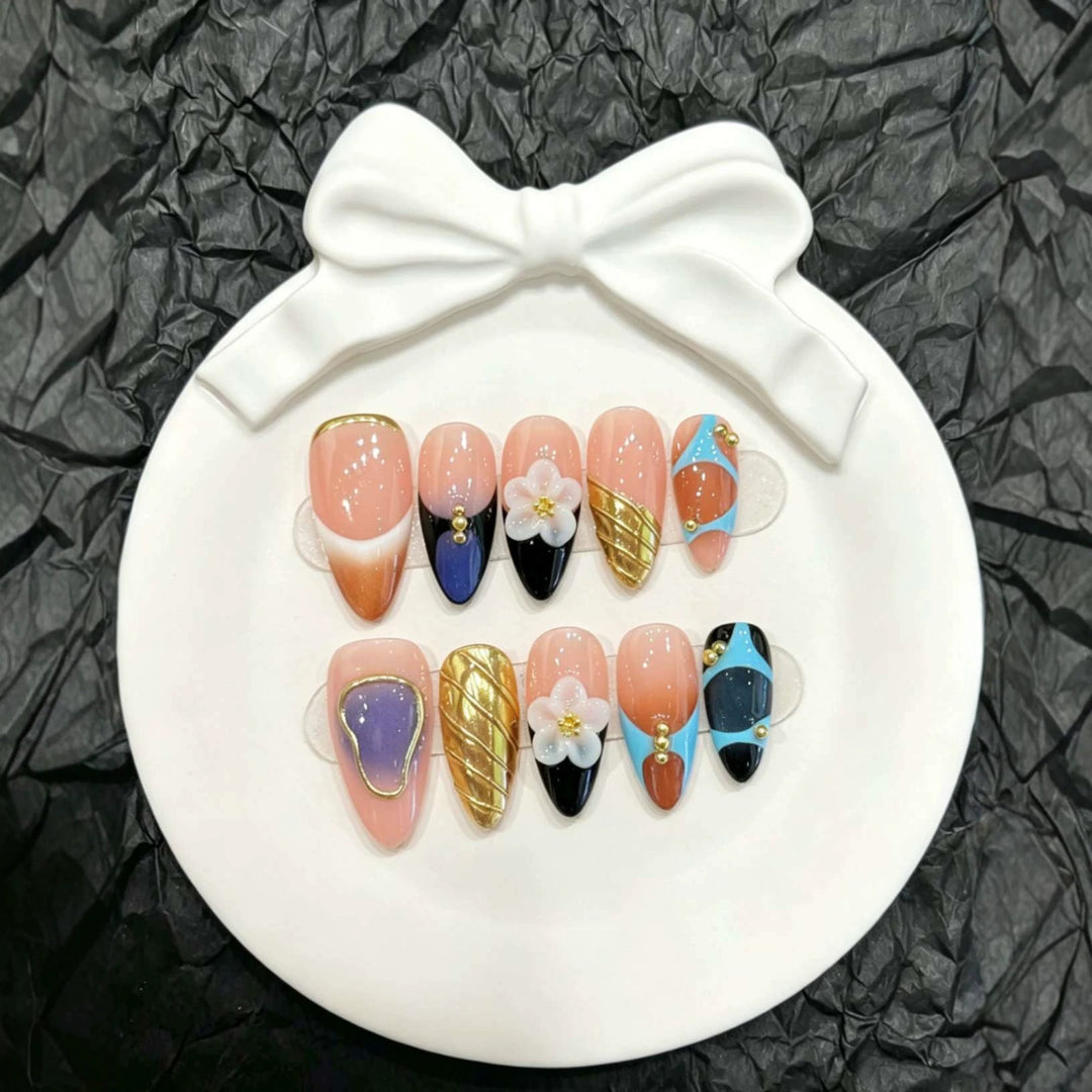 Decorative Press-On Nail Art Set with Floral and Geometric Designs