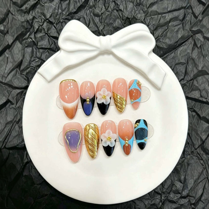 Decorative Press-On Nail Art Set with Floral and Geometric Designs