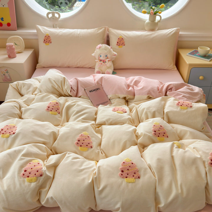 Plush Embroidered Cherry Motif Comforter and Pillow Sham Set