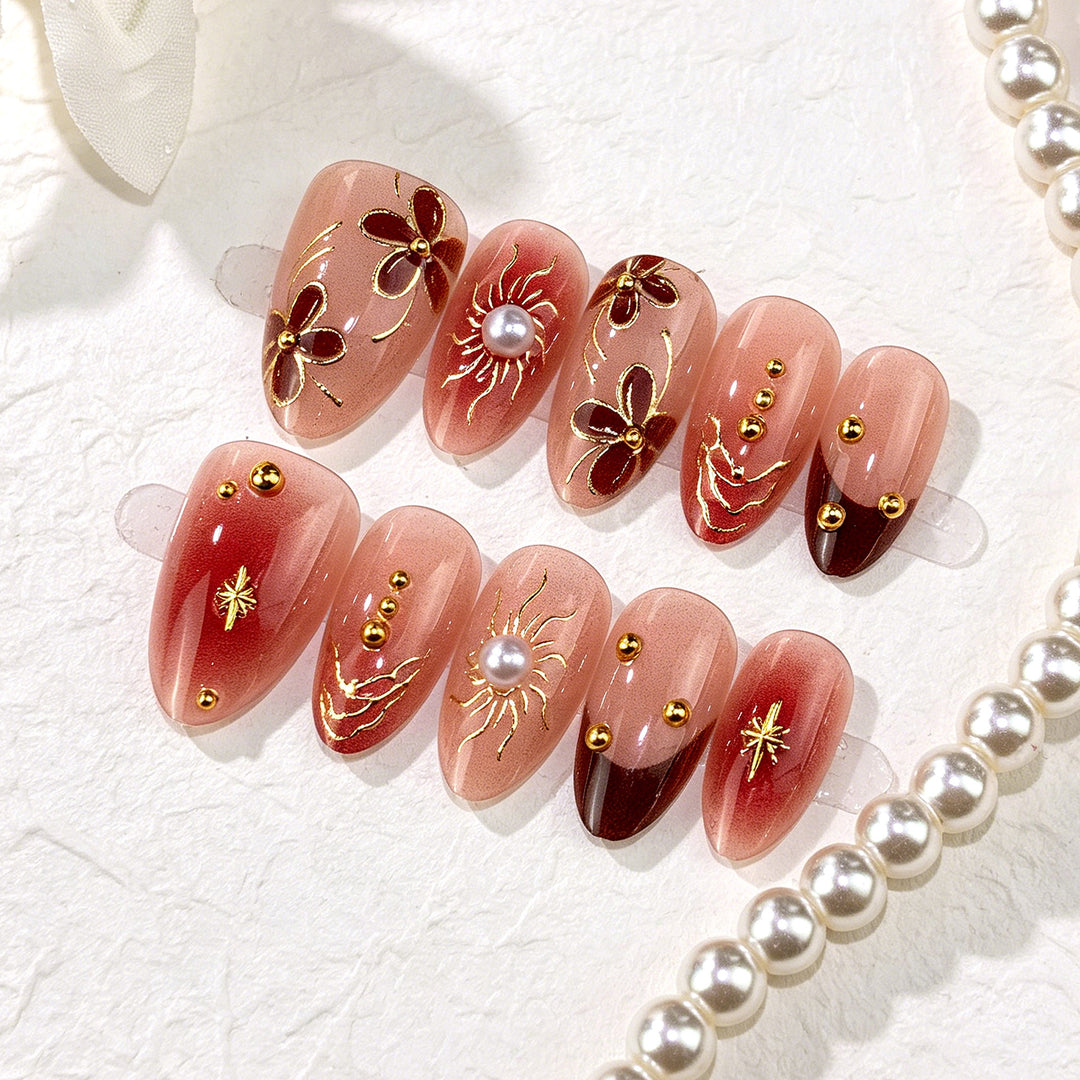 Luxury Artistic Press-On Nail Art Set with Floral and Pearl Accents