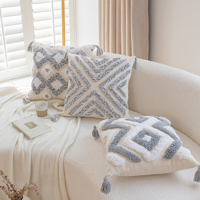 Textured Tassel Chevron Throw Pillow Cover with Tufted Chenille Stripes