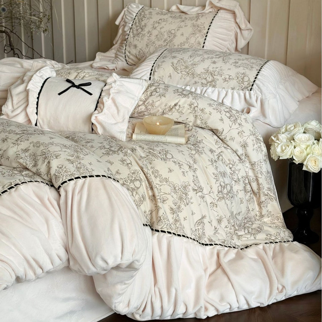 Romantic cotton satin bed linen set with ruffles, floral toile look and decorative pillow