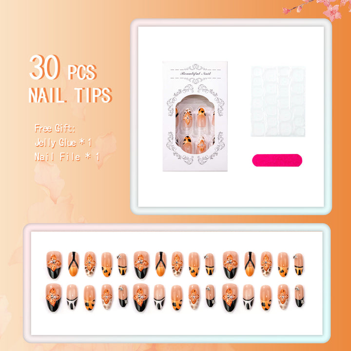 Artistic Press-On Nail Art Set with Floral and Leopard Patterns
