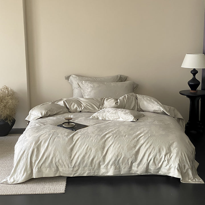 Jacquard Sateen Duvet Cover Set with Subtle Botanical Damask & Deep-Pocket Shams