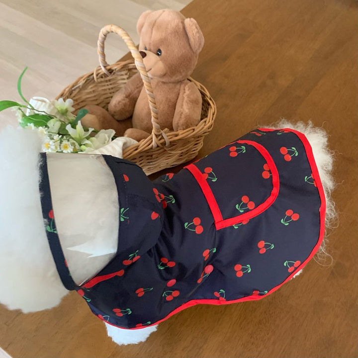 Waterproof Cherry-Print Hooded Dog Raincoat with Clear Visor and Front Pocket