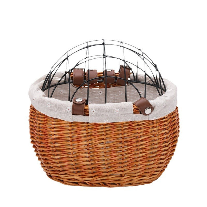 woven rattan pet carrier basket with detachable linen liner and foldable metal safety dome Stornfield