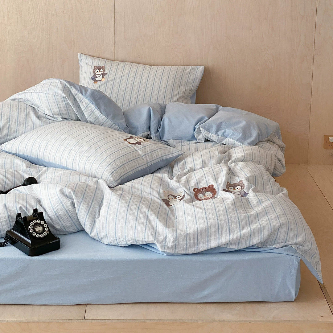 Striped Cotton Duvet Cover Set with Appliqué Cartoon Animal Embroidery