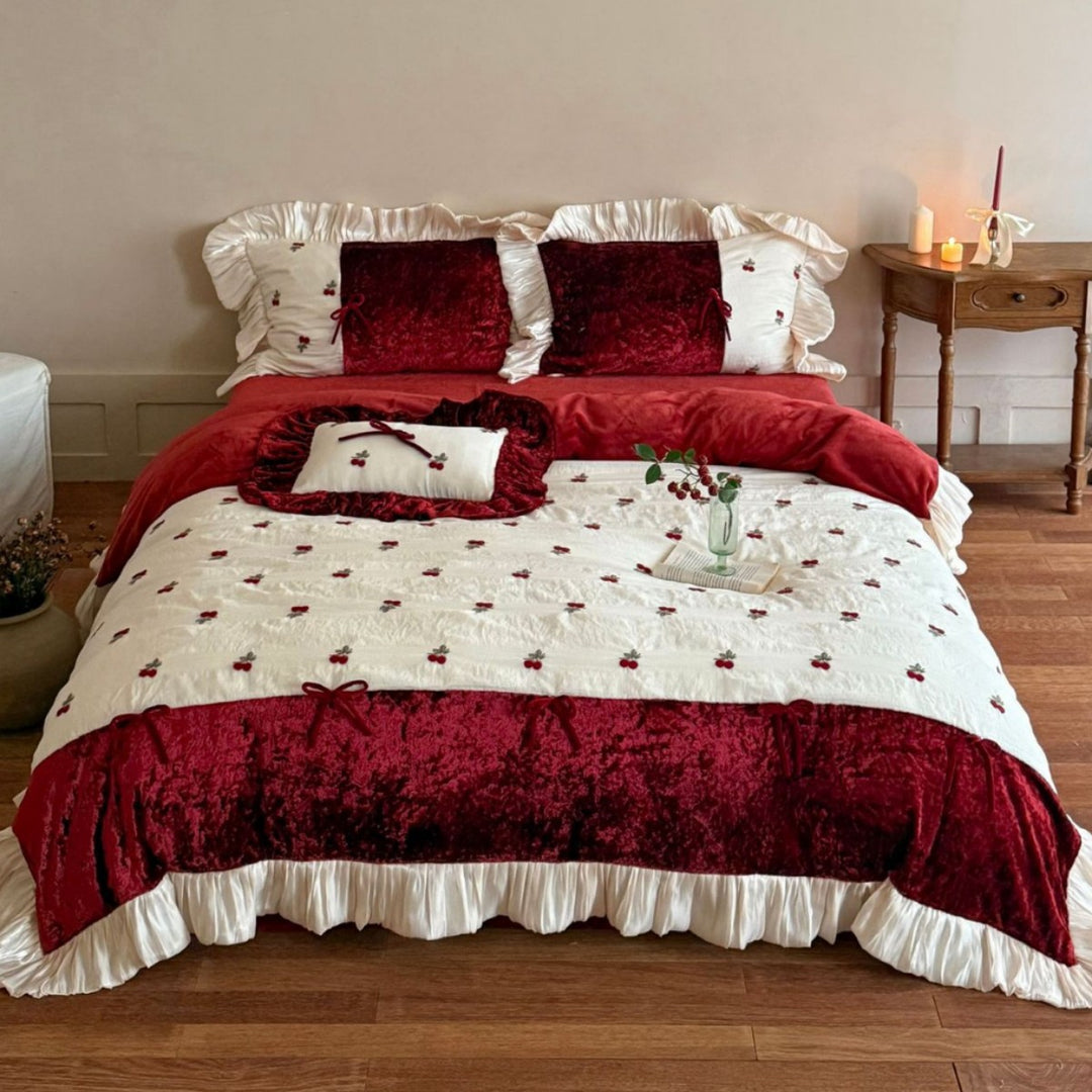 Luxurious Velvet Embroidered Cherry Ruffle Bedding Set
