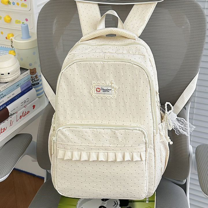 Polka Dot Patterned Backpack with Ruffle Accents Stornfield