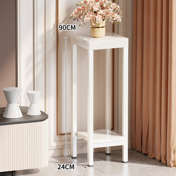 Tall Narrow Marble-Top Plant Stand Side Table with Lower Shelf and Gold Metal Frame