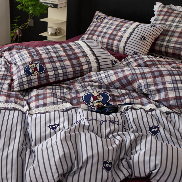 Reversible Plaid and Pinstripe Cotton Sateen Duvet Cover Set with Embroidered Heart Appliqués and Contrast Solid Backing