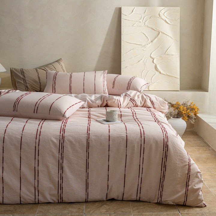 Natural cotton-linen duvet cover set with woven stripes and breathable structure