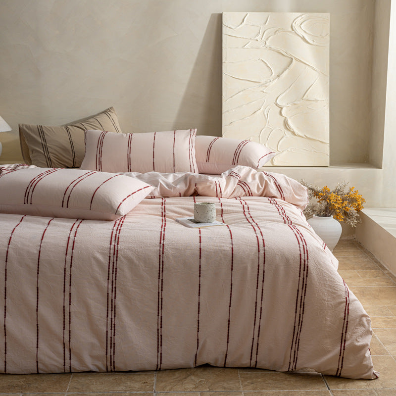 Natural cotton-linen duvet cover set with woven stripes and breathable structure