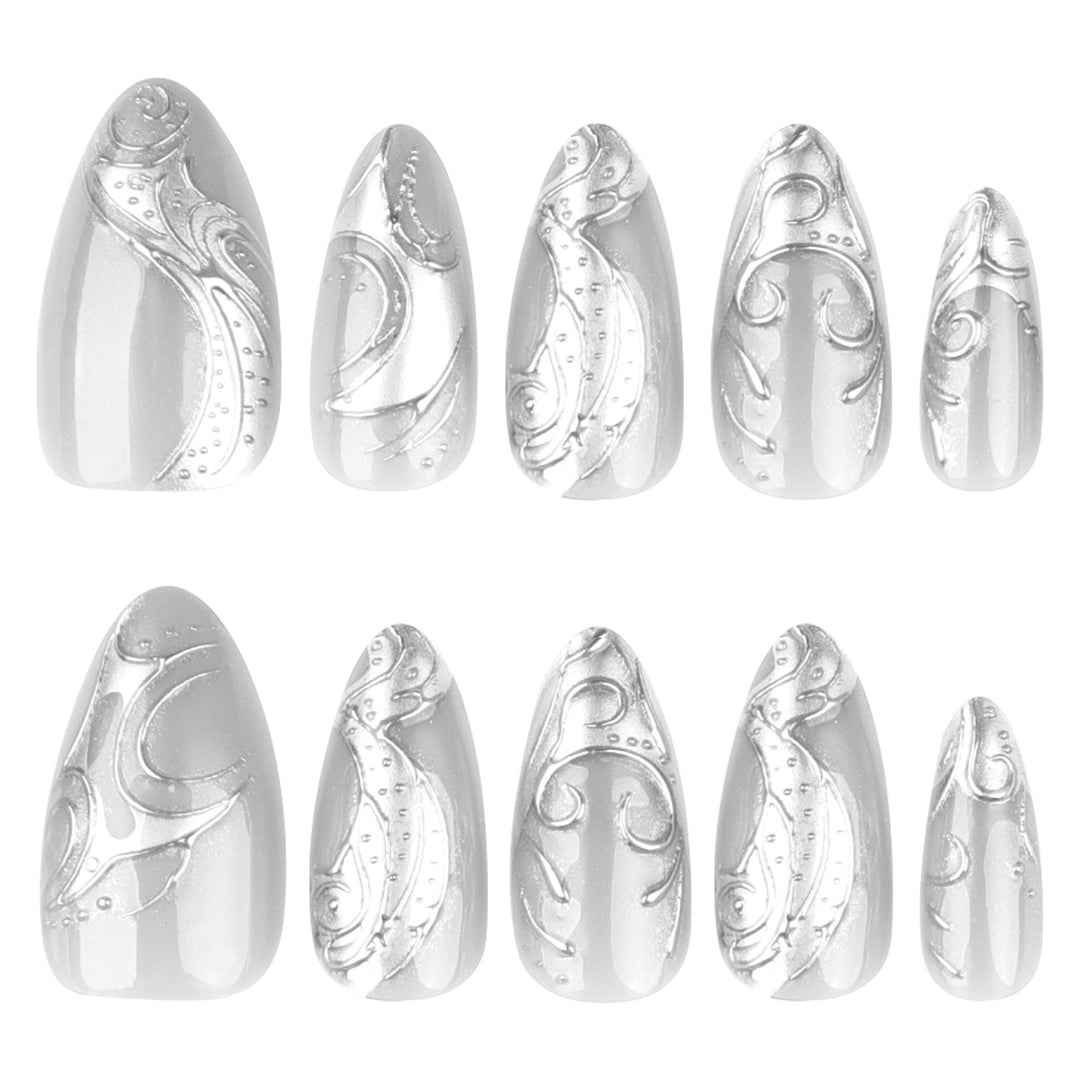 Artistic stiletto nails with elegant silver design Stornfield