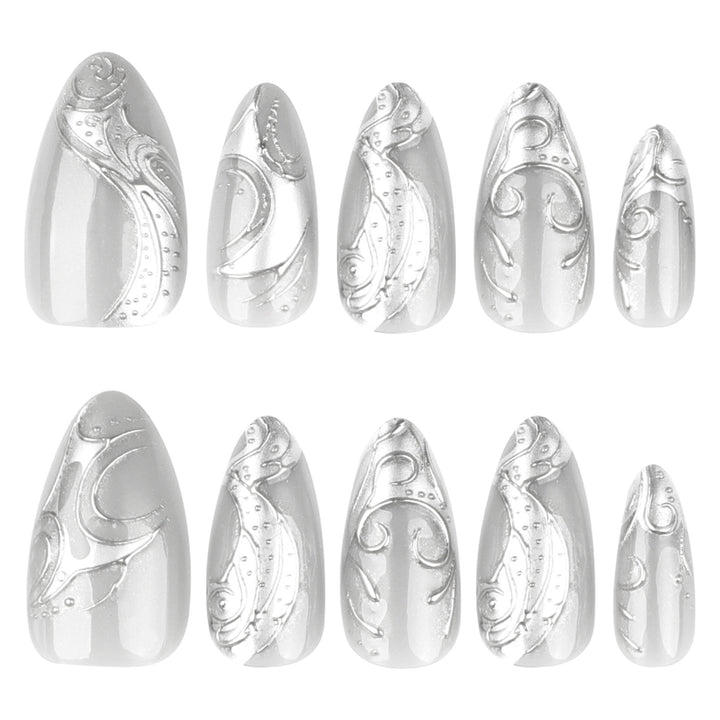 Artistic stiletto nails with elegant silver design Stornfield