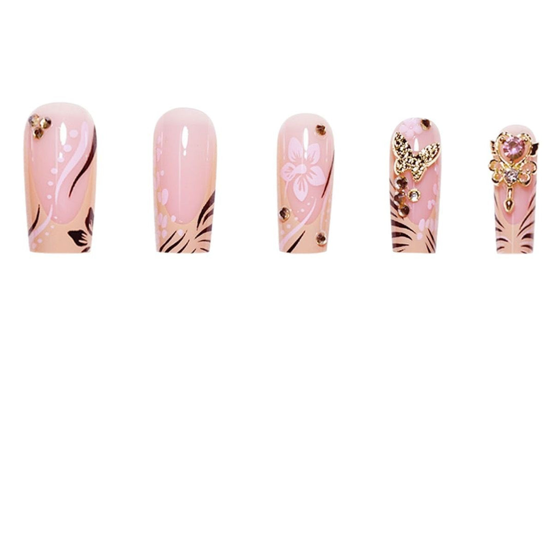 Artistic Press-On Nails with Floral and Gemstone Accents Stornfield