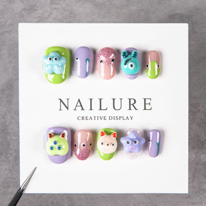 Artistic Nail Art Set with Playful 3D Designs