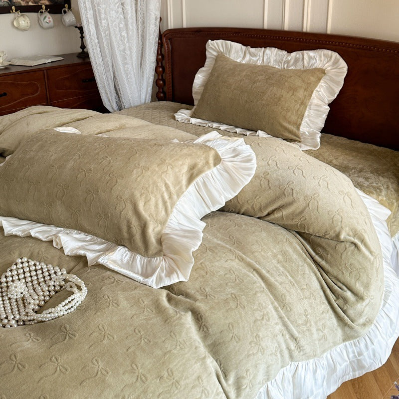 Embroidered Plush Velvet Ruffled Duvet Cover Set with Pleated Skirt