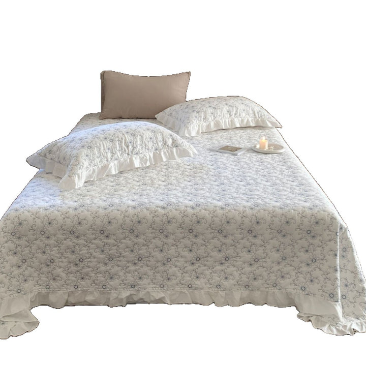 Quilted Floral Embroidered Bedspread with Ruffled Edge Pillow Sham Set