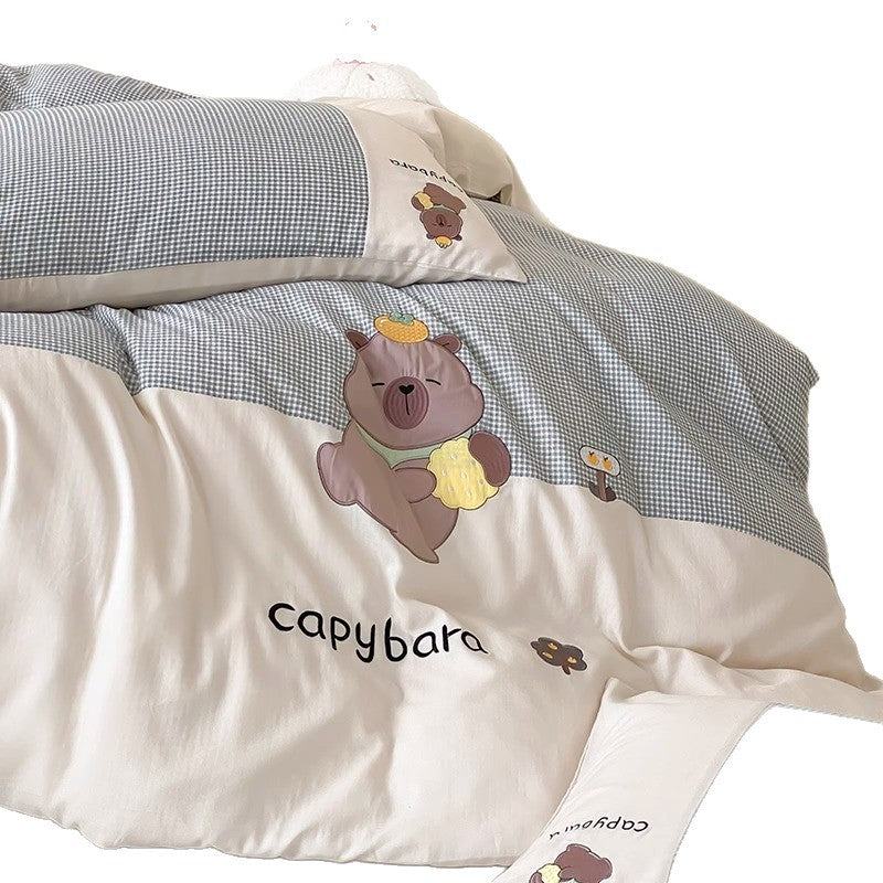 Cotton-Sateen Capybara Embroidered Duvet Cover and Pillowcase Set with Gingham Panel