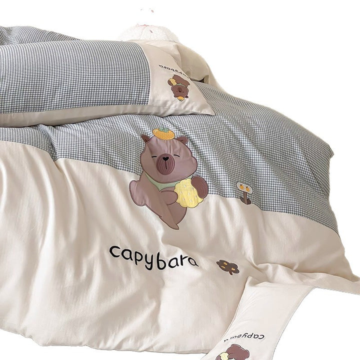 Cotton-Sateen Capybara Embroidered Duvet Cover and Pillowcase Set with Gingham Panel