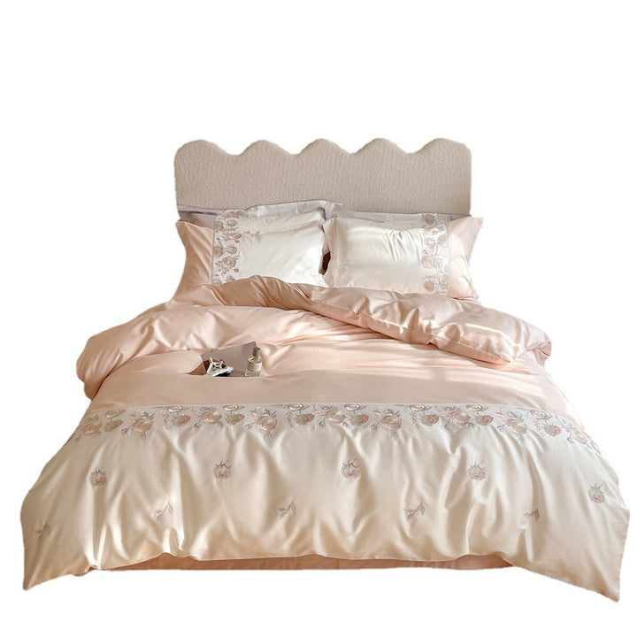 Premium bedding set made of cotton satin with floral border embroidery and reversible function