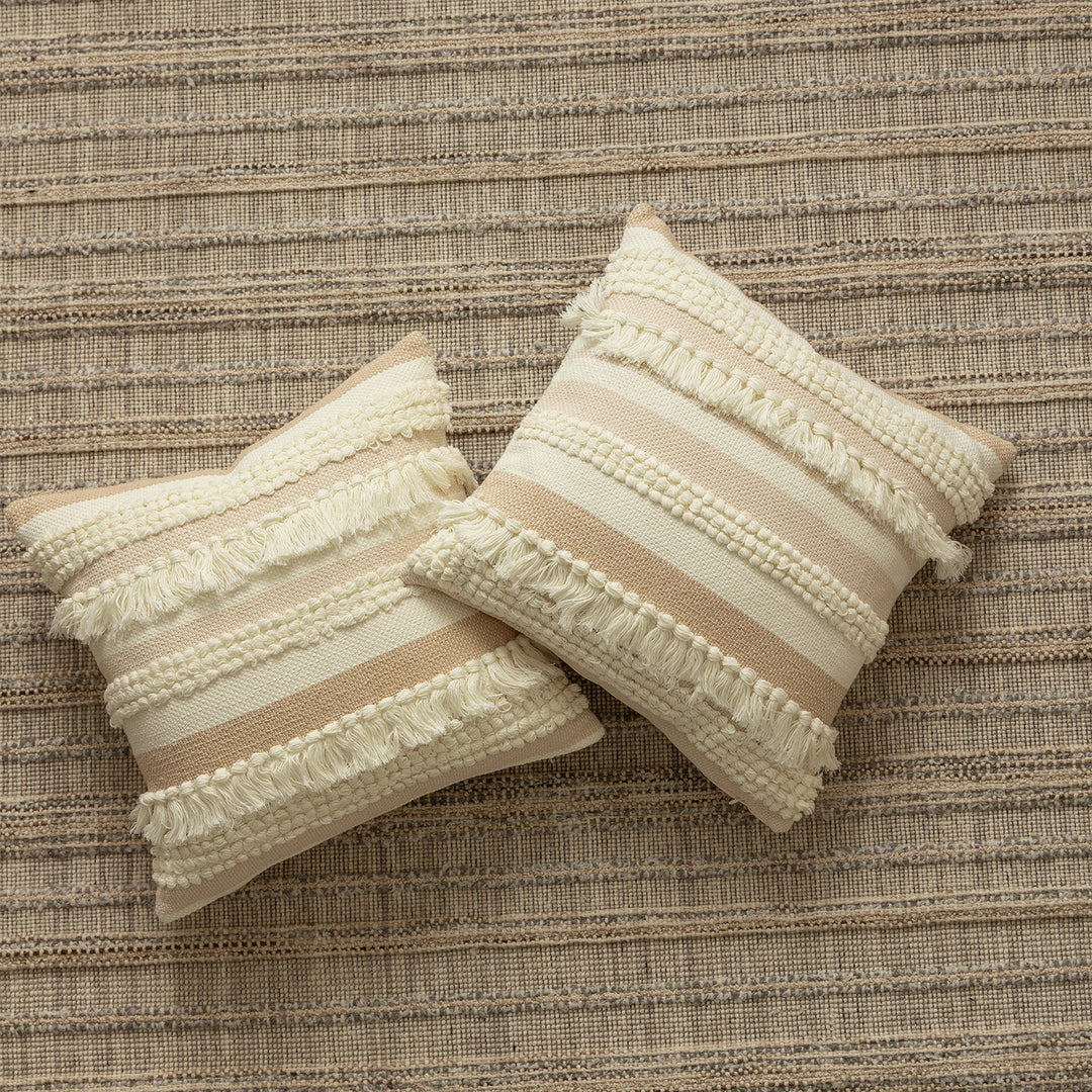 Decorative woven cushion cover with fringes and textured striped design Stornfield