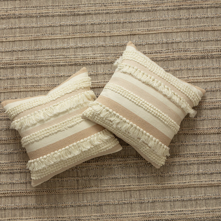 Decorative woven cushion cover with fringes and textured striped design Stornfield
