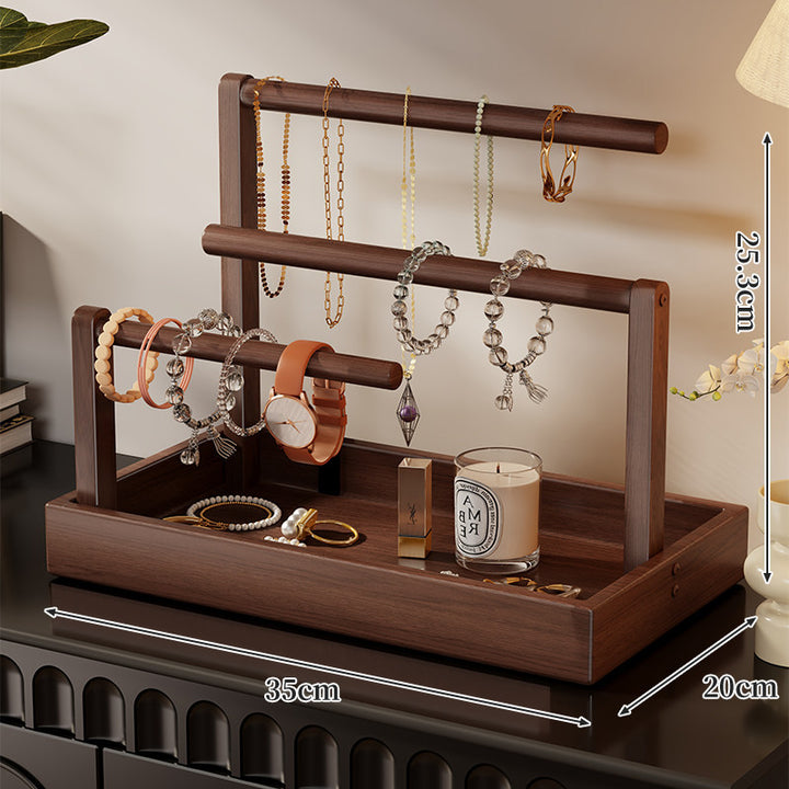 Two-Tier Wooden Jewelry Organizer Tray with Hanging Necklace Rods