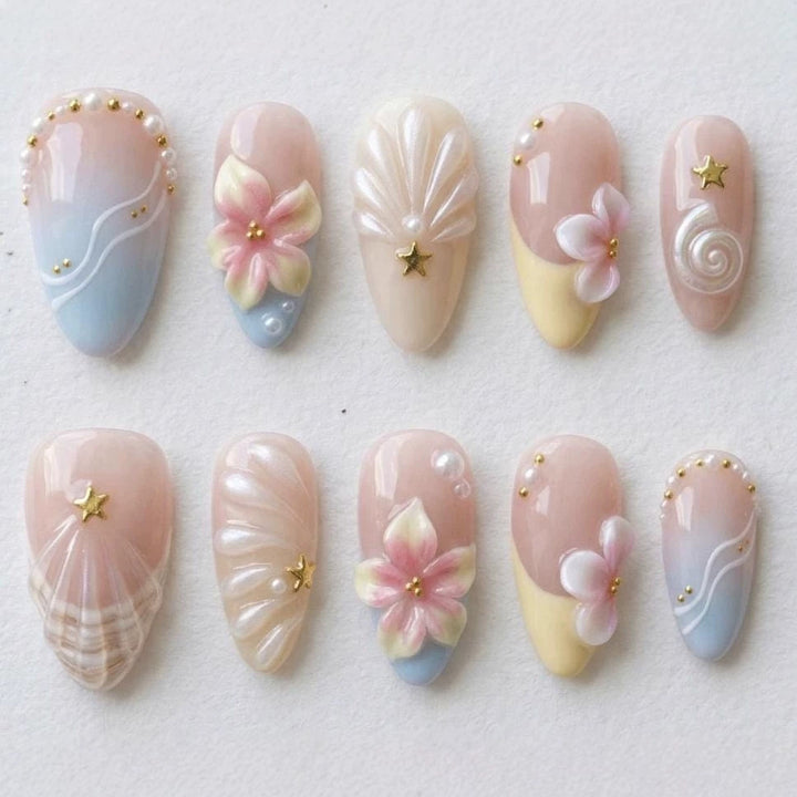 Artificial nail set with elegant flower and shell design Stornfield