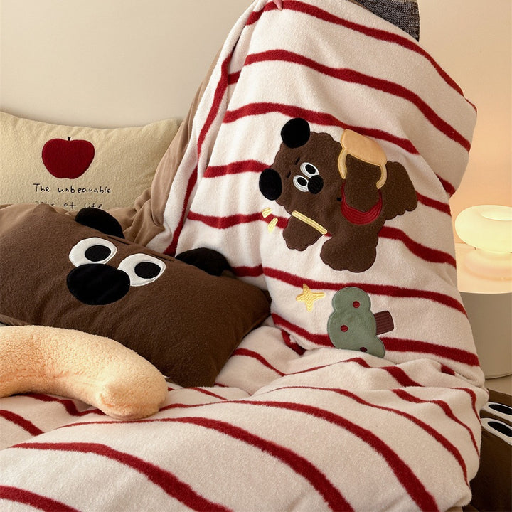 Plush Reversible Striped Duvet Cover Set with Embroidered Cartoon Appliqué