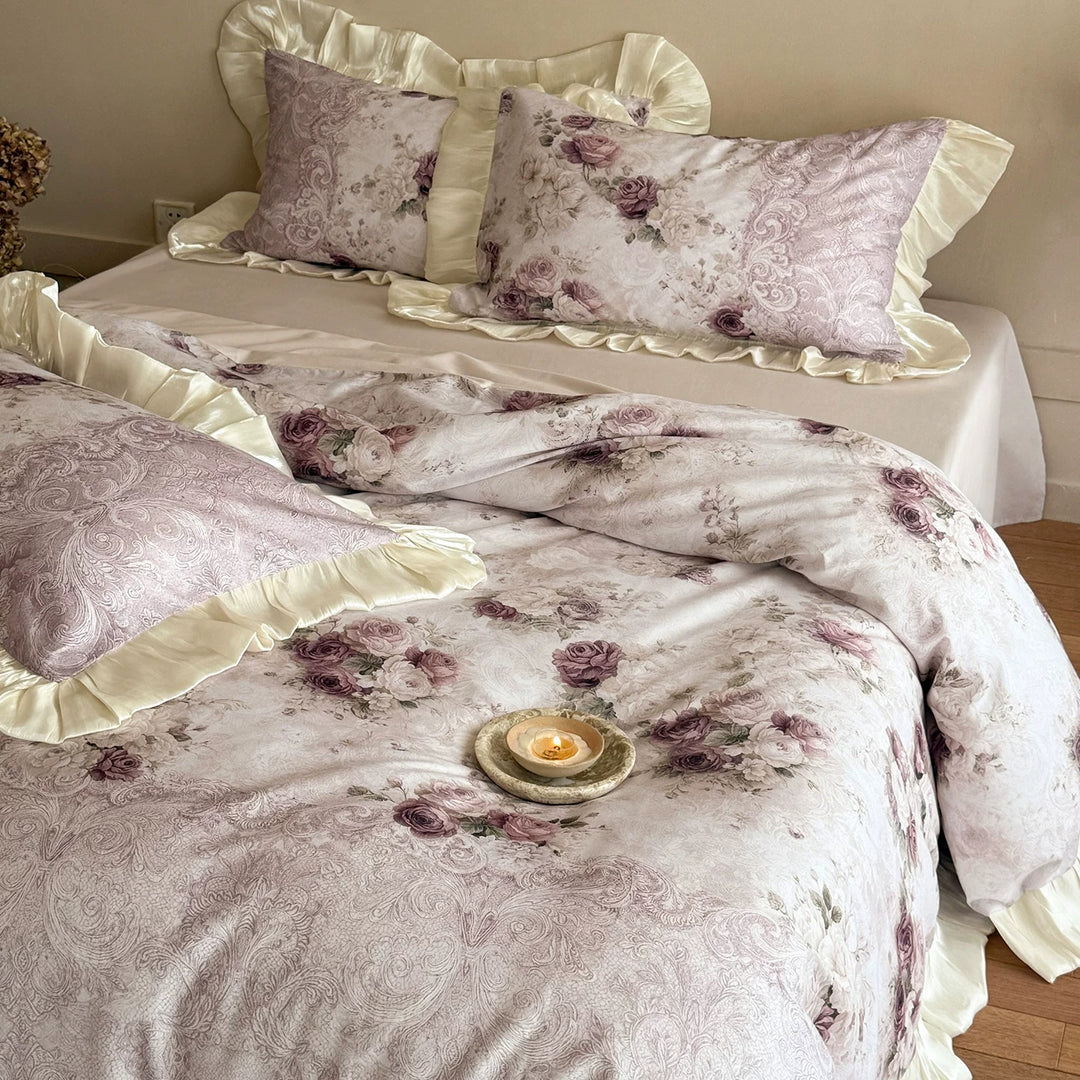 Vintage Rose Print Ruffled Bed Linen Duvet Cover and Sham Set