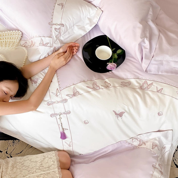 Butterfly-Embroidered Satin-Feel Cotton Sateen Duvet Cover Set with Decorative Shams