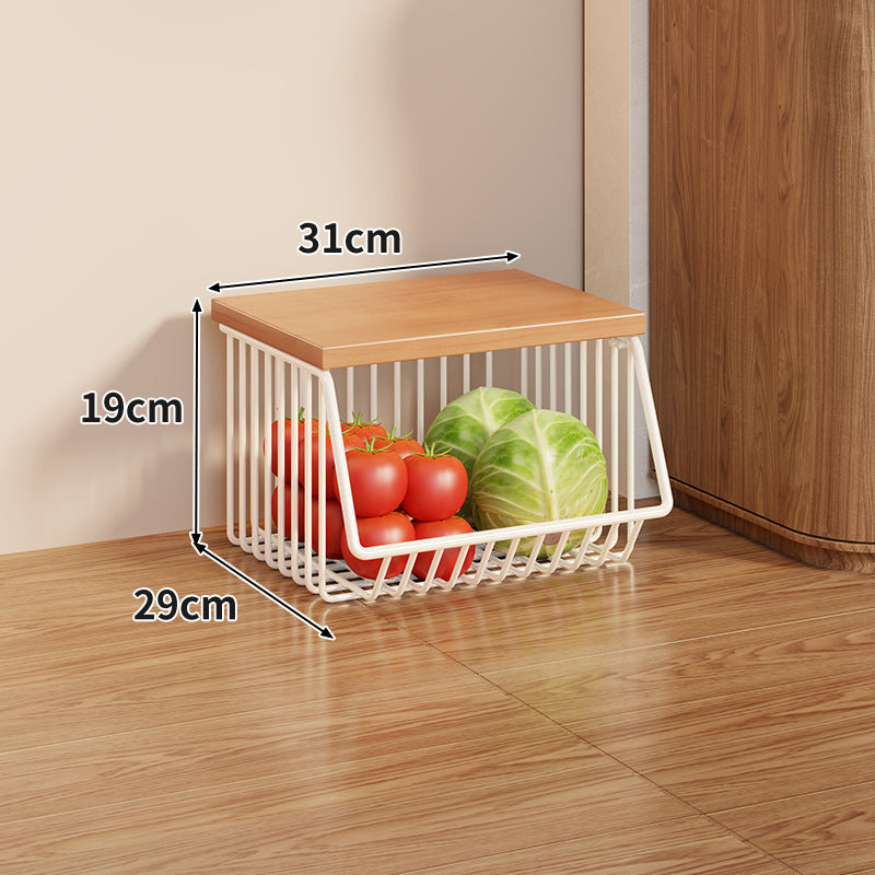 Compact Triple-Tier Rolling Wire Vegetable and Fruit Storage Cart with Wooden Top
