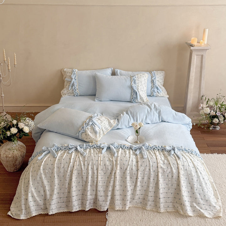 Soft Washed Cotton-Linen Ruffled Duvet Cover Set with Bow-Tie Accents & Lace-Trim Bed Skirt
