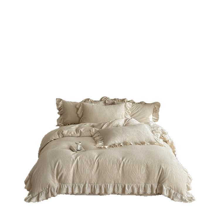 Cotton-linen bedding set with subtle jacquard floral pattern and ruffle trim