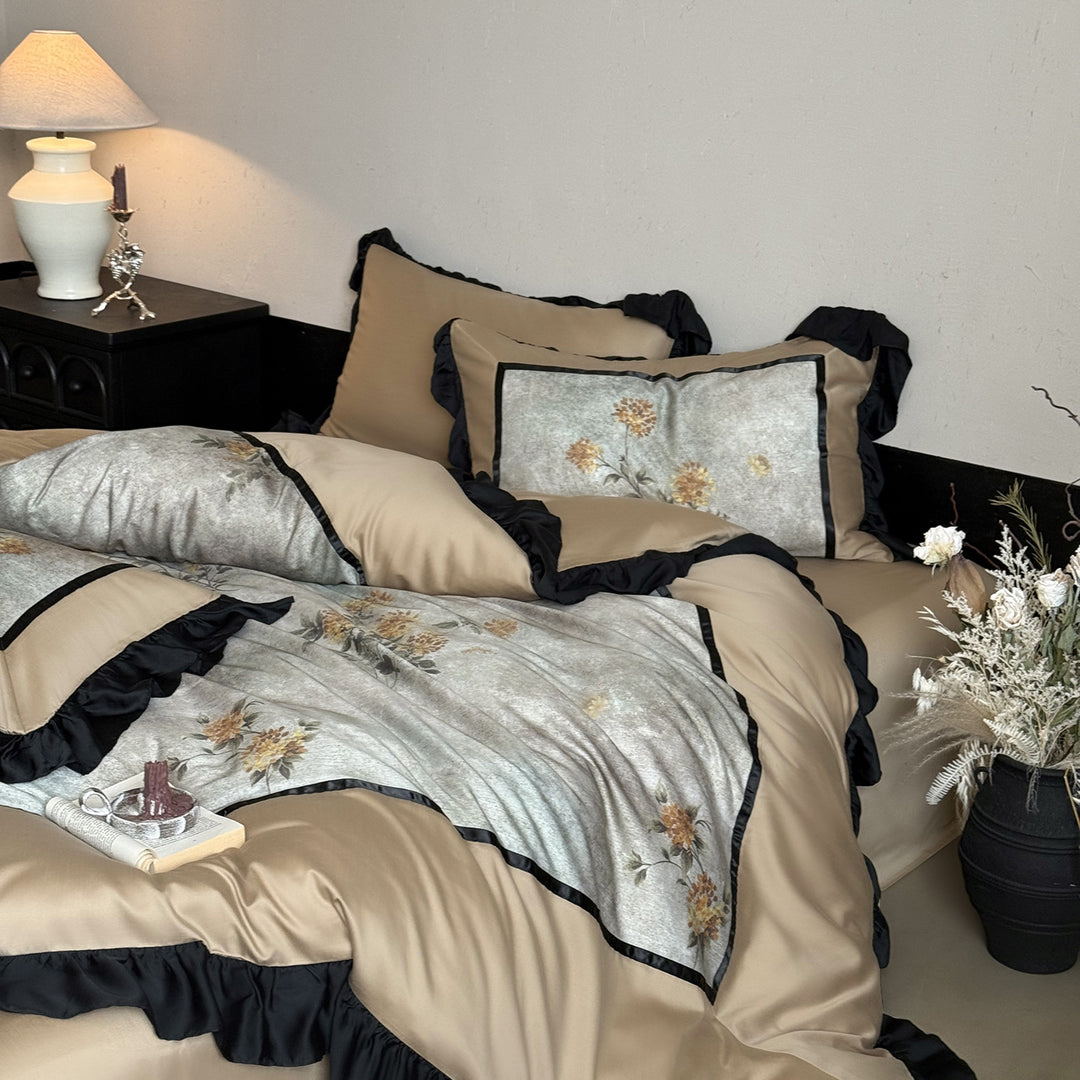 High-quality cotton bedding set with floral panel, decorative ruffle