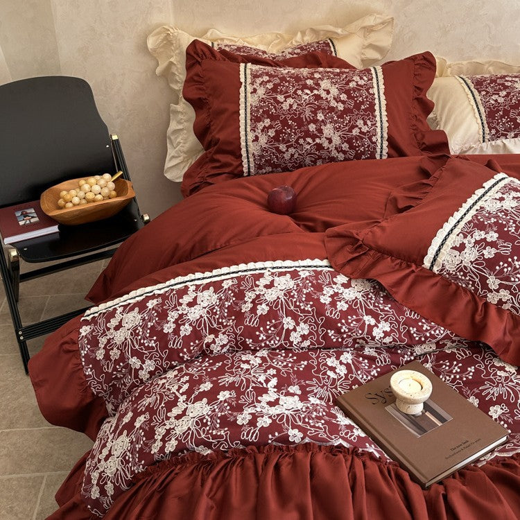 Romantic bedding set with gathered ruffle, jacquard centerpiece and decorative bedskirt