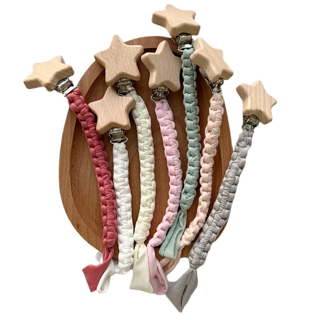 Braided Cotton Pacifier Clip with Wooden Star Safety Clamp