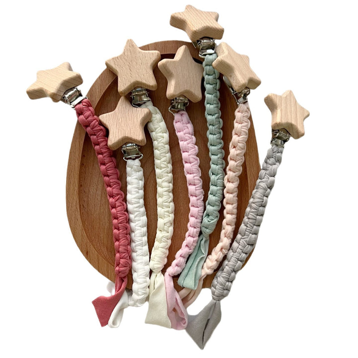 Braided Cotton Pacifier Clip with Wooden Star Safety Clamp