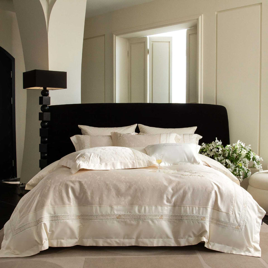 Hotel-Style Embroidered Cotton Sateen Duvet Cover Set with Lace Trim and Pillow Shams