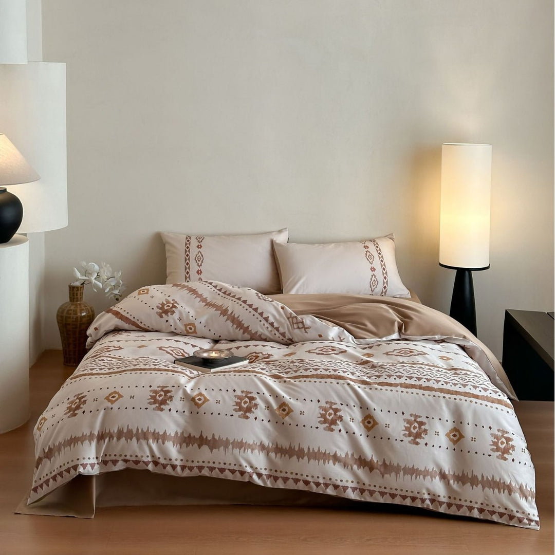 Duvet cover set made of cotton satin with Boho-Ethno pattern and reversible function