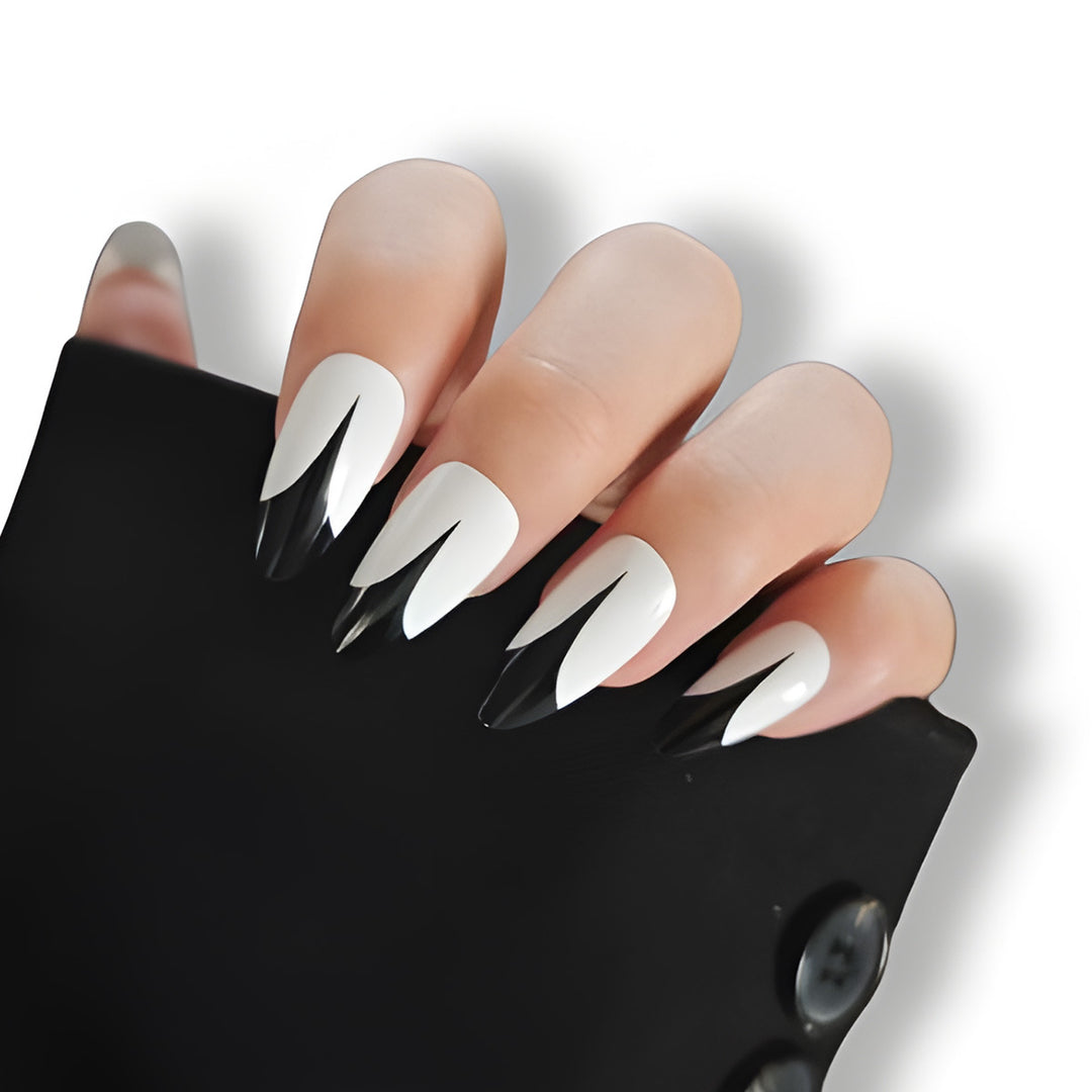 Trendy Stiletto Press-On Nails with Artistic Black and White Design Stornfield
