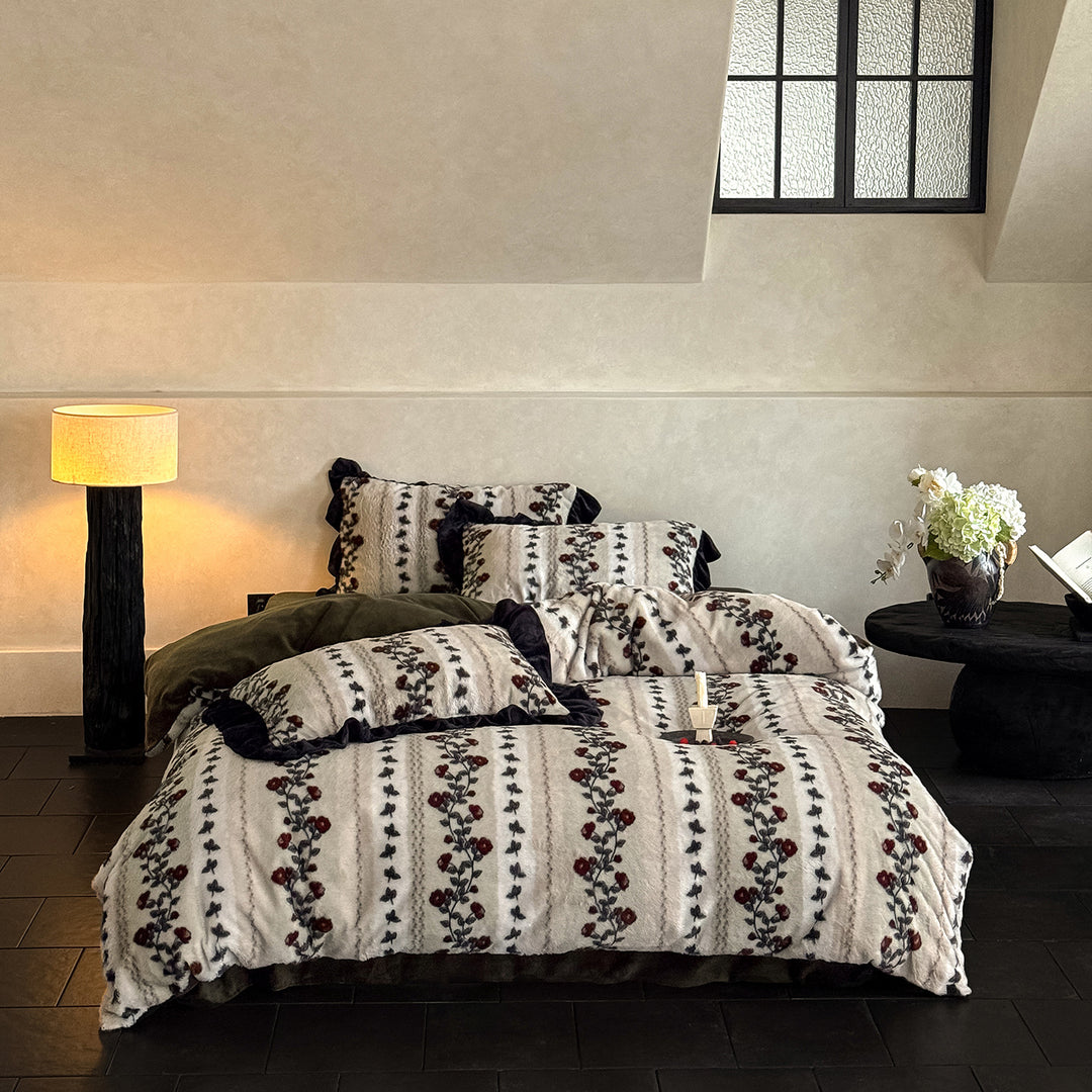 Plush Reversible Floral Fleece Duvet Cover and Pillowcase Set
