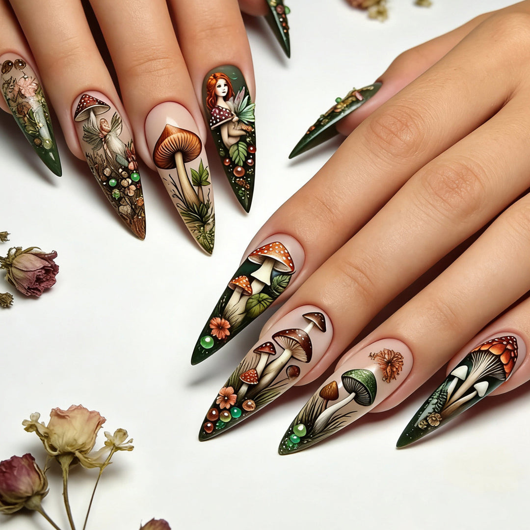 Creative artificial nails with playful fairy and mushroom design Stornfield