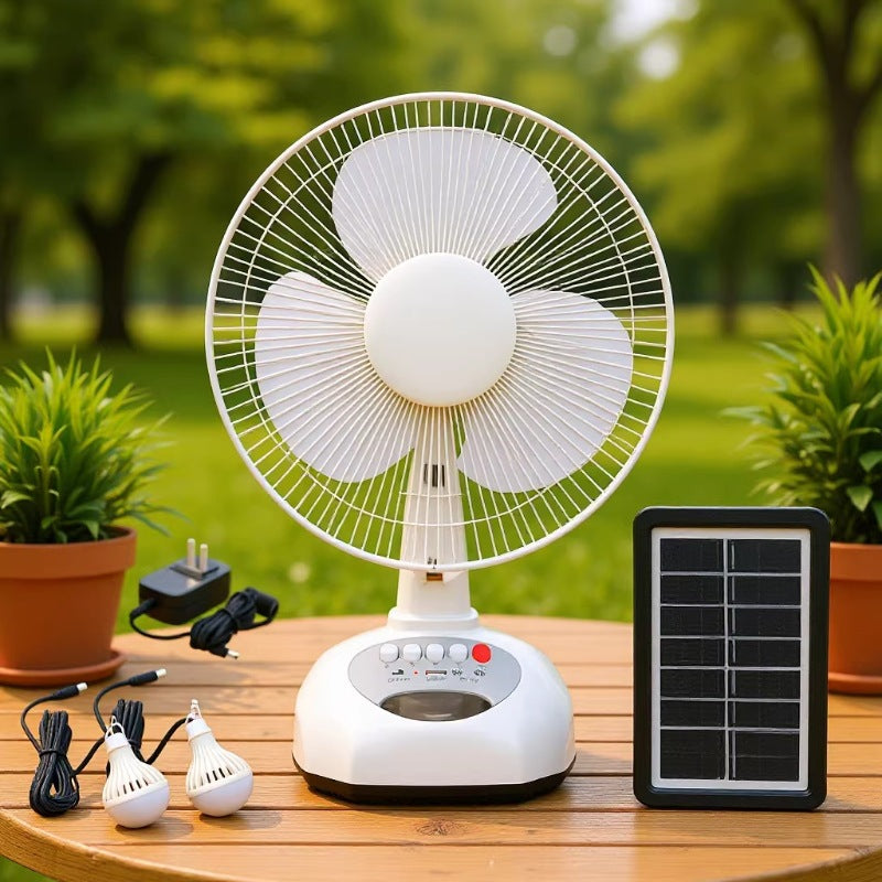 Unisex compact solar and mains powered table fan with built-in battery, oscillating and portable Stornfield