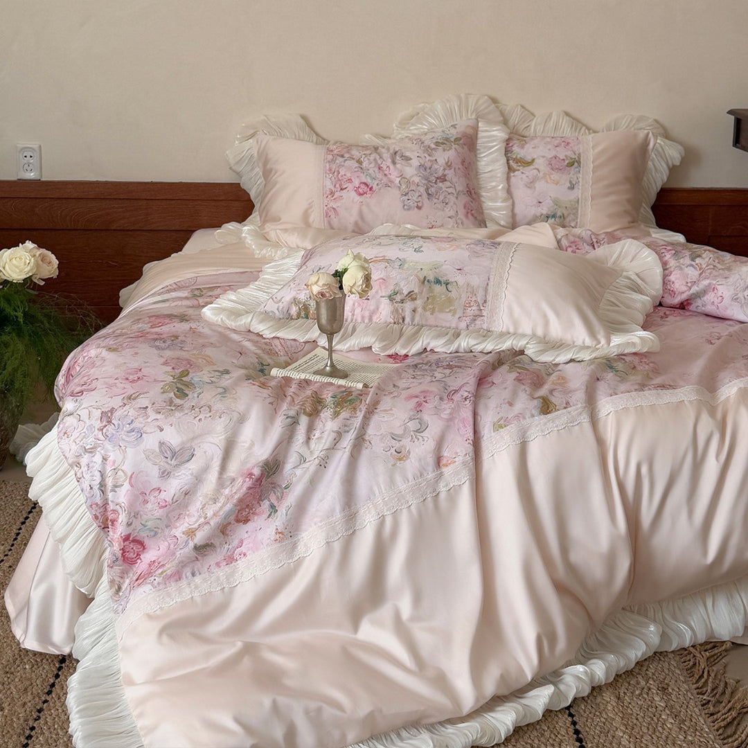 Romantic Vintage-Style Pleated Ruffle Duvet Cover Set with Floral Panel and Lace Inset