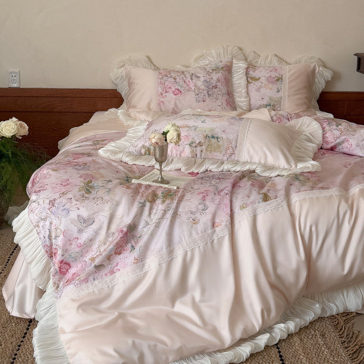 Romantic Vintage-Style Pleated Ruffle Duvet Cover Set with Floral Panel and Lace Inset