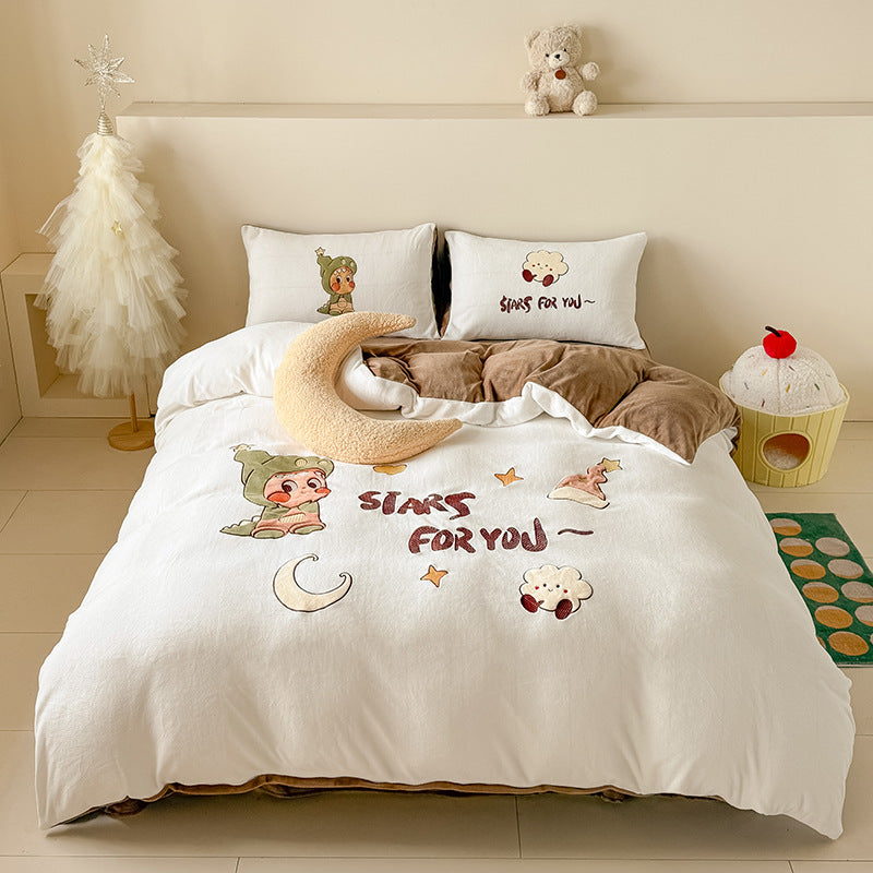 Children's bedding set with cuddly fleece blanket and pillowcases bunny motif